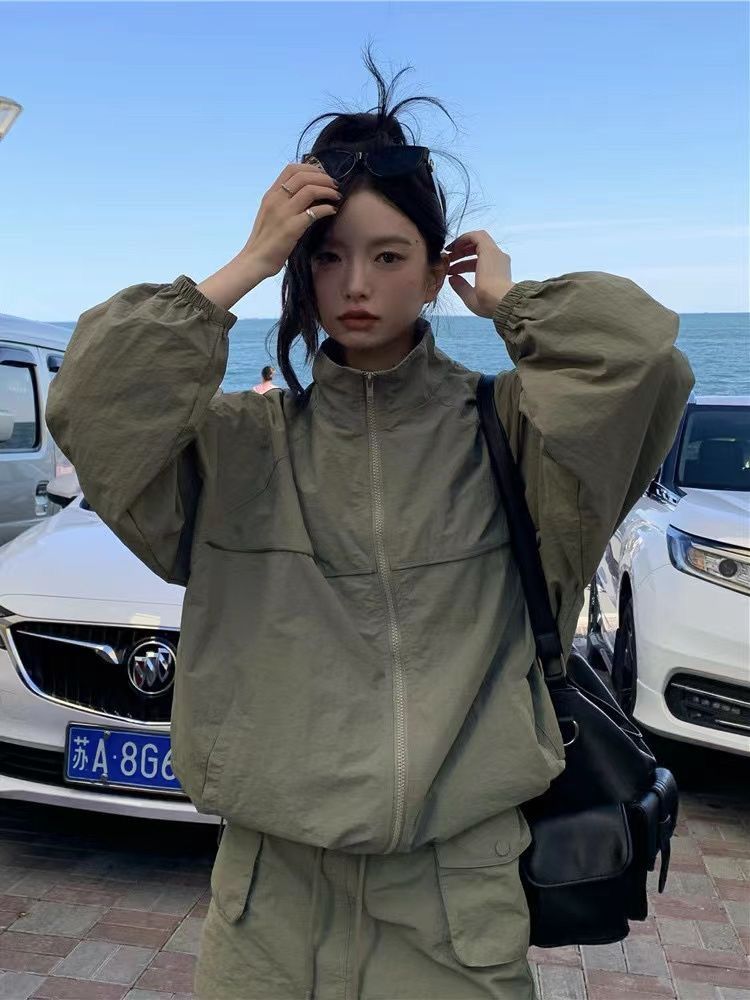 Outdoor Adventure Windbreaker - Vintage Kadın Dik Yaka Güneş Koruma